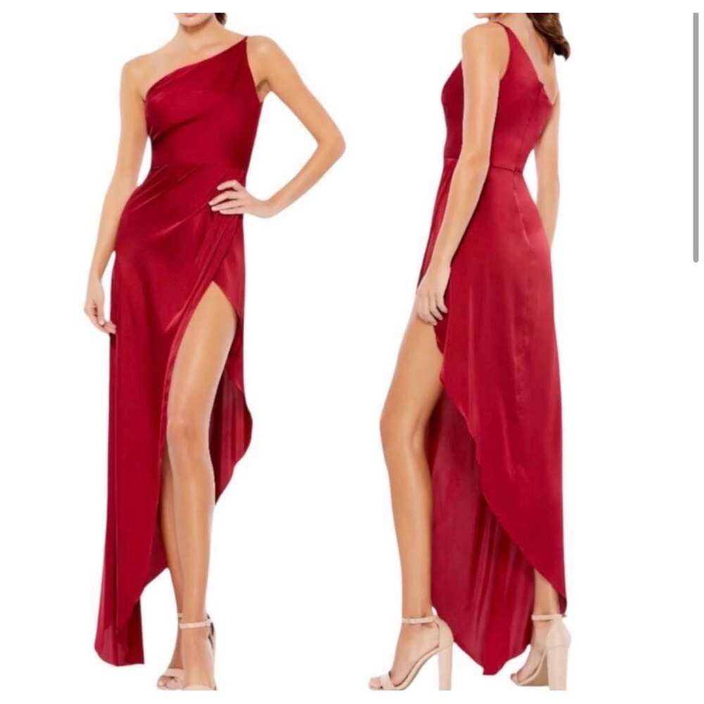 One Shoulder Satin High Slit Gown Wine Red Formal Maxi Dress